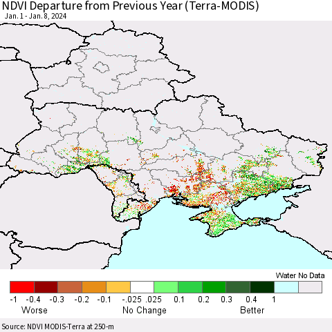 Ukraine, Moldova and Belarus NDVI Departure from Previous Year (Terra-MODIS) Thematic Map For 1/1/2024 - 1/8/2024