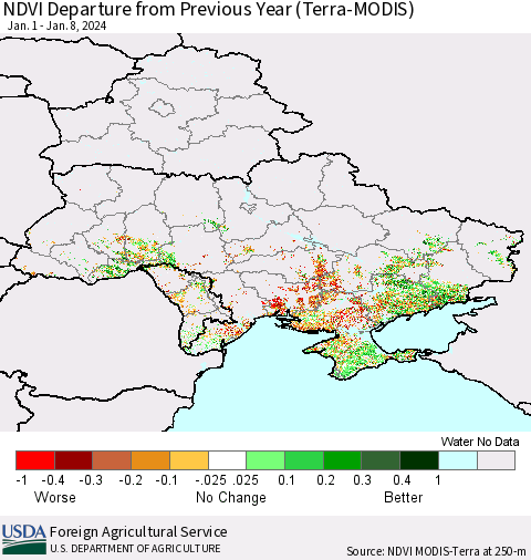 Ukraine, Moldova and Belarus NDVI Departure from Previous Year (Terra-MODIS) Thematic Map For 1/1/2024 - 1/10/2024