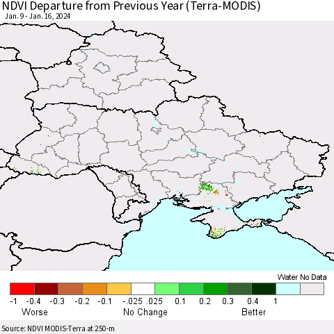 Ukraine, Moldova and Belarus NDVI Departure from Previous Year (Terra-MODIS) Thematic Map For 1/9/2024 - 1/16/2024