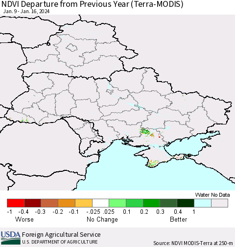 Ukraine, Moldova and Belarus NDVI Departure from Previous Year (Terra-MODIS) Thematic Map For 1/11/2024 - 1/20/2024