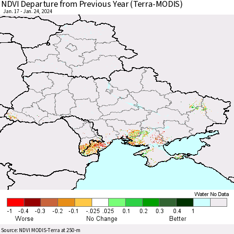 Ukraine, Moldova and Belarus NDVI Departure from Previous Year (Terra-MODIS) Thematic Map For 1/17/2024 - 1/24/2024
