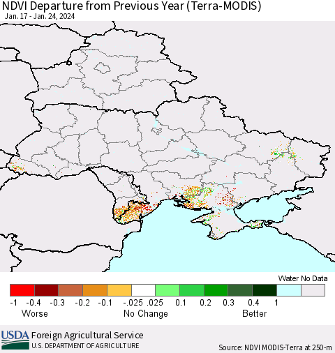 Ukraine, Moldova and Belarus NDVI Departure from Previous Year (Terra-MODIS) Thematic Map For 1/21/2024 - 1/31/2024