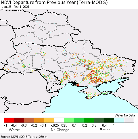 Ukraine, Moldova and Belarus NDVI Departure from Previous Year (Terra-MODIS) Thematic Map For 1/25/2024 - 2/1/2024