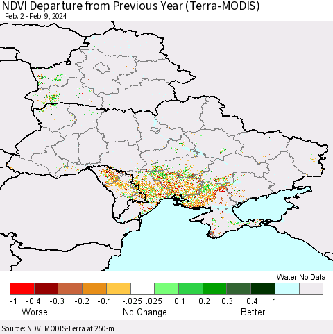 Ukraine, Moldova and Belarus NDVI Departure from Previous Year (Terra-MODIS) Thematic Map For 2/2/2024 - 2/9/2024