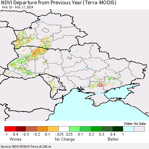 Ukraine, Moldova and Belarus NDVI Departure from Previous Year (Terra-MODIS) Thematic Map For 2/10/2024 - 2/17/2024