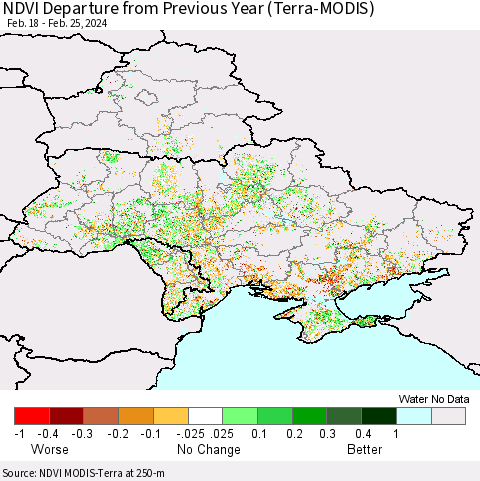 Ukraine, Moldova and Belarus NDVI Departure from Previous Year (Terra-MODIS) Thematic Map For 2/18/2024 - 2/25/2024