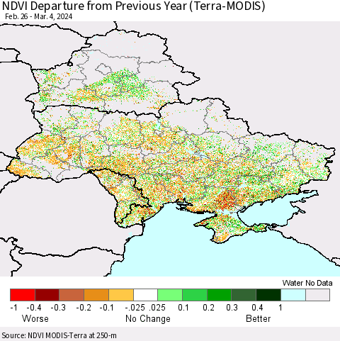 Ukraine, Moldova and Belarus NDVI Departure from Previous Year (Terra-MODIS) Thematic Map For 2/26/2024 - 3/4/2024