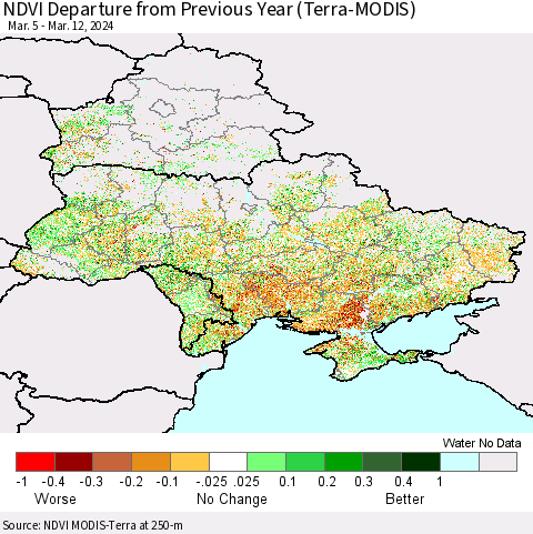 Ukraine, Moldova and Belarus NDVI Departure from Previous Year (Terra-MODIS) Thematic Map For 3/5/2024 - 3/12/2024