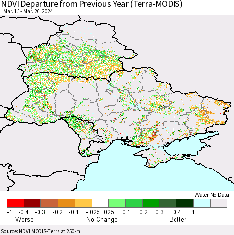 Ukraine, Moldova and Belarus NDVI Departure from Previous Year (Terra-MODIS) Thematic Map For 3/13/2024 - 3/20/2024
