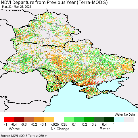 Ukraine, Moldova and Belarus NDVI Departure from Previous Year (Terra-MODIS) Thematic Map For 3/21/2024 - 3/28/2024