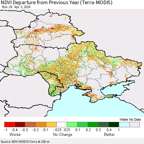 Ukraine, Moldova and Belarus NDVI Departure from Previous Year (Terra-MODIS) Thematic Map For 3/29/2024 - 4/5/2024