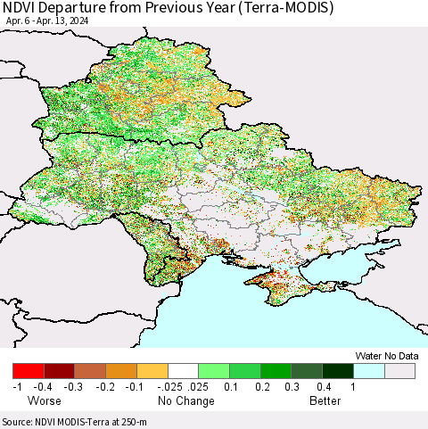 Ukraine, Moldova and Belarus NDVI Departure from Previous Year (Terra-MODIS) Thematic Map For 4/6/2024 - 4/13/2024