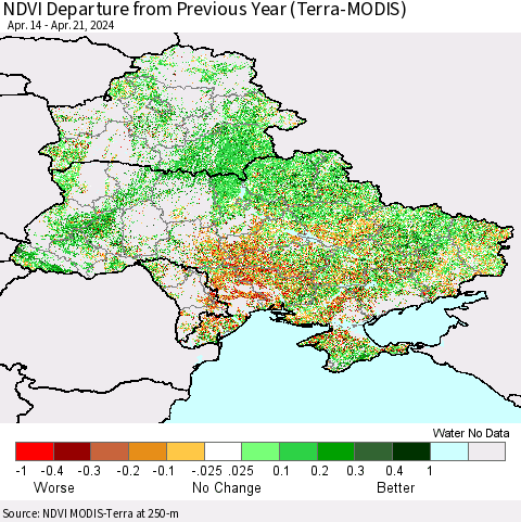 Ukraine, Moldova and Belarus NDVI Departure from Previous Year (Terra-MODIS) Thematic Map For 4/14/2024 - 4/21/2024