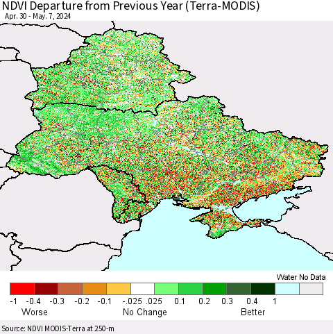 Ukraine, Moldova and Belarus NDVI Departure from Previous Year (Terra-MODIS) Thematic Map For 4/30/2024 - 5/7/2024