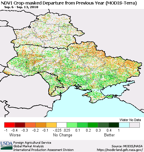 Ukraine, Moldova and Belarus Cropland NDVI Departure from Previous Year (Terra-MODIS) Thematic Map For 9/11/2018 - 9/20/2018