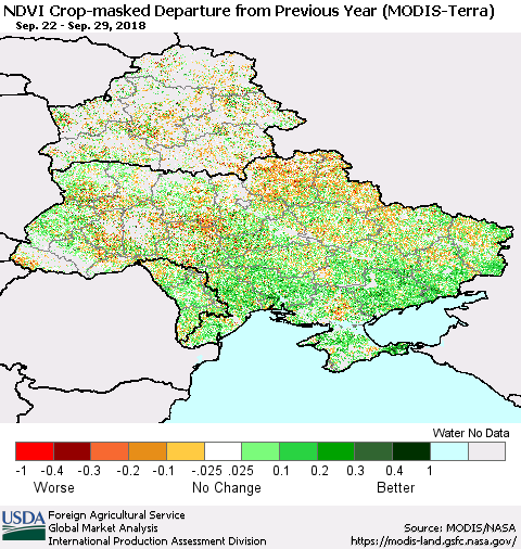 Ukraine, Moldova and Belarus Cropland NDVI Departure from Previous Year (Terra-MODIS) Thematic Map For 9/21/2018 - 9/30/2018