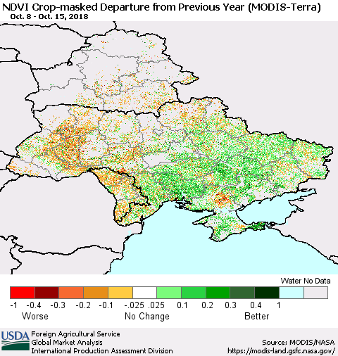 Ukraine, Moldova and Belarus Cropland NDVI Departure from Previous Year (Terra-MODIS) Thematic Map For 10/11/2018 - 10/20/2018