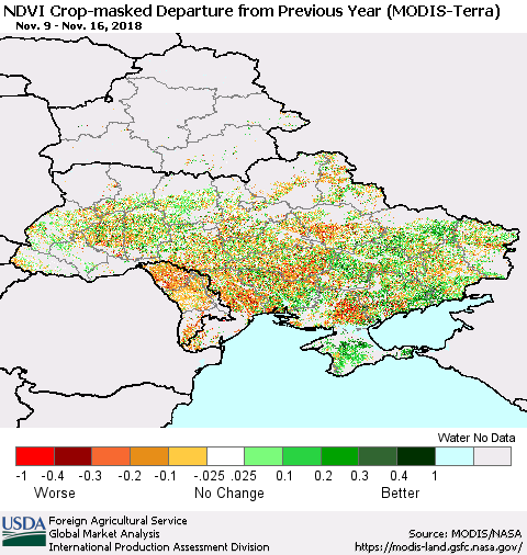 Ukraine, Moldova and Belarus Cropland NDVI Departure from Previous Year (Terra-MODIS) Thematic Map For 11/11/2018 - 11/20/2018