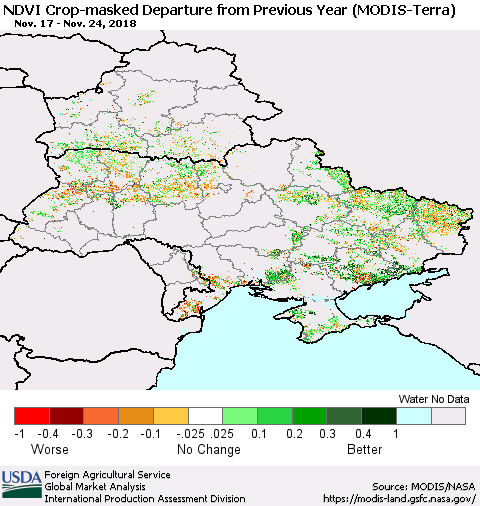Ukraine, Moldova and Belarus Cropland NDVI Departure from Previous Year (Terra-MODIS) Thematic Map For 11/21/2018 - 11/30/2018