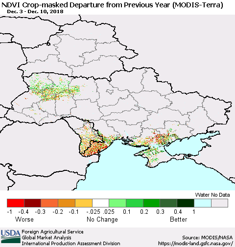 Ukraine, Moldova and Belarus Cropland NDVI Departure from Previous Year (Terra-MODIS) Thematic Map For 12/1/2018 - 12/10/2018