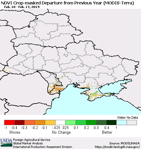 Ukraine, Moldova and Belarus Cropland NDVI Departure from Previous Year (Terra-MODIS) Thematic Map For 2/11/2019 - 2/20/2019