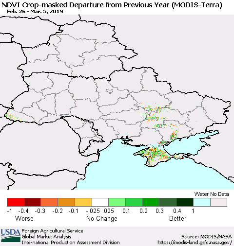 Ukraine, Moldova and Belarus Cropland NDVI Departure from Previous Year (Terra-MODIS) Thematic Map For 3/1/2019 - 3/10/2019