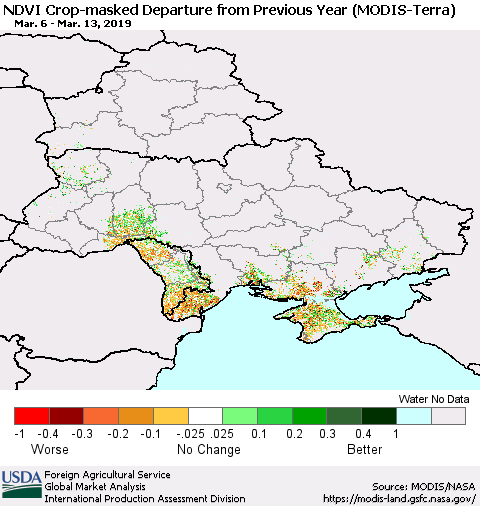 Ukraine, Moldova and Belarus Cropland NDVI Departure from Previous Year (Terra-MODIS) Thematic Map For 3/11/2019 - 3/20/2019