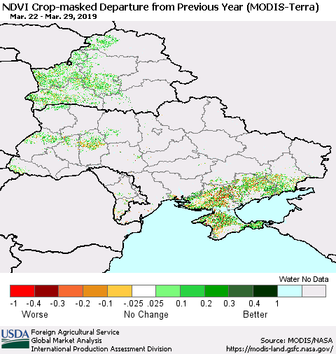 Ukraine, Moldova and Belarus Cropland NDVI Departure from Previous Year (Terra-MODIS) Thematic Map For 3/21/2019 - 3/31/2019