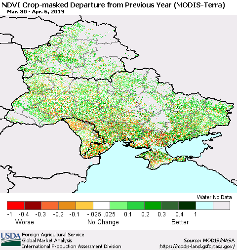 Ukraine, Moldova and Belarus Cropland NDVI Departure from Previous Year (Terra-MODIS) Thematic Map For 4/1/2019 - 4/10/2019