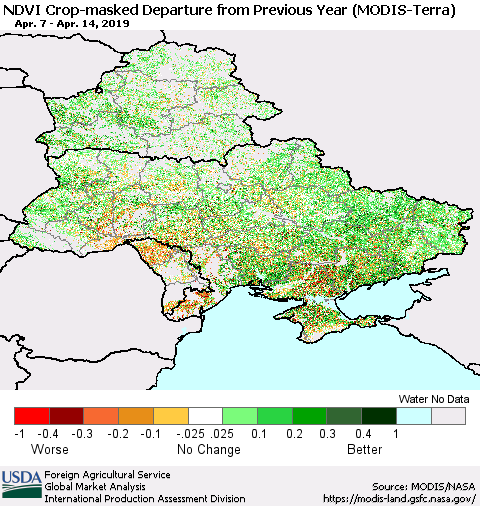 Ukraine, Moldova and Belarus Cropland NDVI Departure from Previous Year (Terra-MODIS) Thematic Map For 4/11/2019 - 4/20/2019