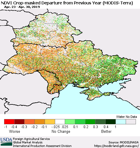 Ukraine, Moldova and Belarus Cropland NDVI Departure from Previous Year (Terra-MODIS) Thematic Map For 4/21/2019 - 4/30/2019