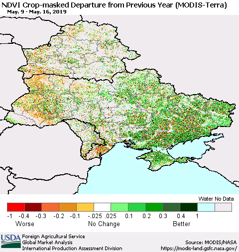 Ukraine, Moldova and Belarus Cropland NDVI Departure from Previous Year (Terra-MODIS) Thematic Map For 5/11/2019 - 5/20/2019
