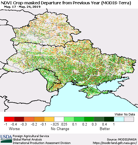 Ukraine, Moldova and Belarus Cropland NDVI Departure from Previous Year (Terra-MODIS) Thematic Map For 5/21/2019 - 5/31/2019
