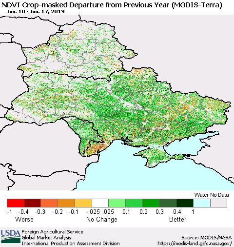 Ukraine, Moldova and Belarus Cropland NDVI Departure from Previous Year (Terra-MODIS) Thematic Map For 6/11/2019 - 6/20/2019