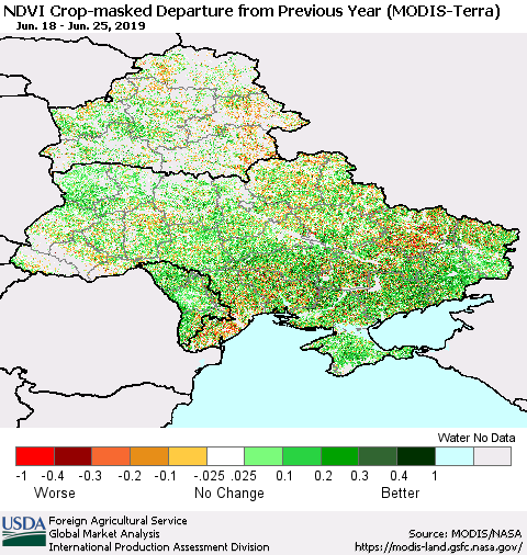 Ukraine, Moldova and Belarus Cropland NDVI Departure from Previous Year (Terra-MODIS) Thematic Map For 6/21/2019 - 6/30/2019