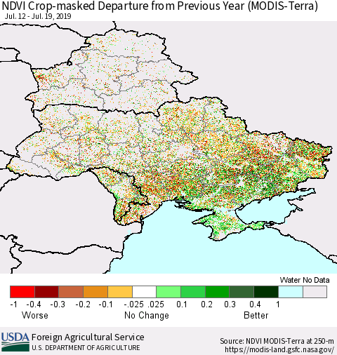 Ukraine, Moldova and Belarus Cropland NDVI Departure from Previous Year (Terra-MODIS) Thematic Map For 7/11/2019 - 7/20/2019