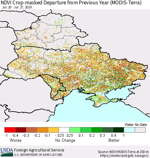 Ukraine, Moldova and Belarus Cropland NDVI Departure from Previous Year (Terra-MODIS) Thematic Map For 7/21/2019 - 7/31/2019