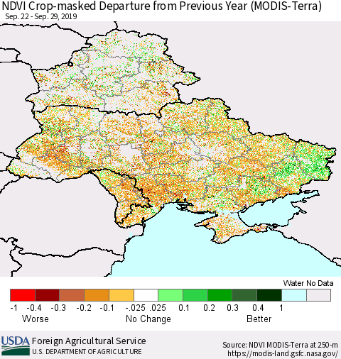 Ukraine, Moldova and Belarus Cropland NDVI Departure from Previous Year (Terra-MODIS) Thematic Map For 9/21/2019 - 9/30/2019