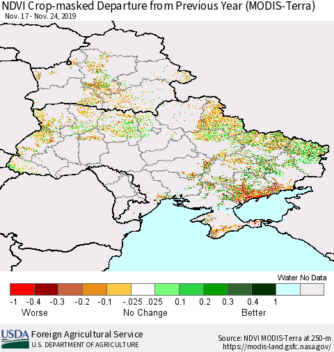 Ukraine, Moldova and Belarus Cropland NDVI Departure from Previous Year (Terra-MODIS) Thematic Map For 11/21/2019 - 11/30/2019
