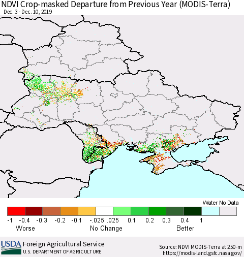 Ukraine, Moldova and Belarus Cropland NDVI Departure from Previous Year (Terra-MODIS) Thematic Map For 12/1/2019 - 12/10/2019
