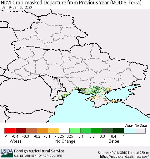 Ukraine, Moldova and Belarus Cropland NDVI Departure from Previous Year (Terra-MODIS) Thematic Map For 1/11/2020 - 1/20/2020