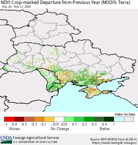 Ukraine, Moldova and Belarus Cropland NDVI Departure from Previous Year (Terra-MODIS) Thematic Map For 2/11/2020 - 2/20/2020