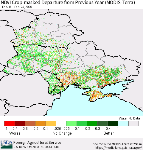 Ukraine, Moldova and Belarus Cropland NDVI Departure from Previous Year (Terra-MODIS) Thematic Map For 2/21/2020 - 2/29/2020