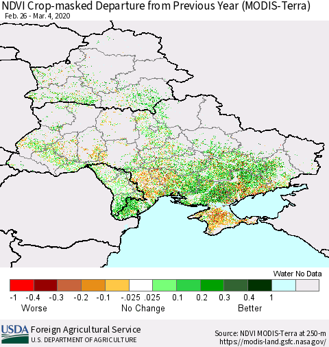 Ukraine, Moldova and Belarus Cropland NDVI Departure from Previous Year (Terra-MODIS) Thematic Map For 3/1/2020 - 3/10/2020