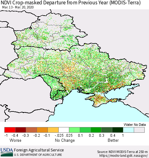 Ukraine, Moldova and Belarus Cropland NDVI Departure from Previous Year (Terra-MODIS) Thematic Map For 3/11/2020 - 3/20/2020