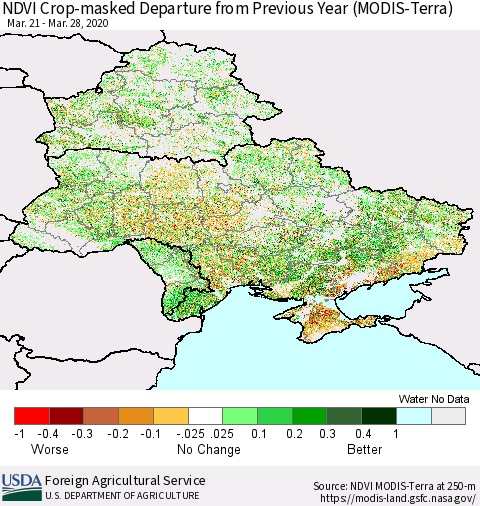 Ukraine, Moldova and Belarus Cropland NDVI Departure from Previous Year (Terra-MODIS) Thematic Map For 3/21/2020 - 3/31/2020