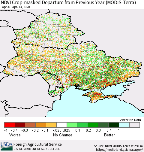 Ukraine, Moldova and Belarus Cropland NDVI Departure from Previous Year (Terra-MODIS) Thematic Map For 4/11/2020 - 4/20/2020
