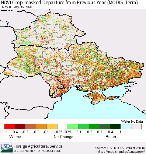 Ukraine, Moldova and Belarus Cropland NDVI Departure from Previous Year (Terra-MODIS) Thematic Map For 5/11/2020 - 5/20/2020