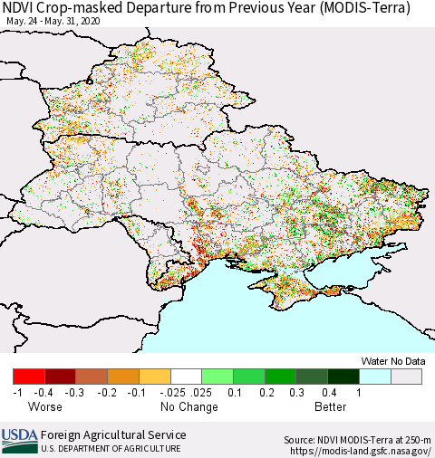 Ukraine, Moldova and Belarus Cropland NDVI Departure from Previous Year (Terra-MODIS) Thematic Map For 5/21/2020 - 5/31/2020