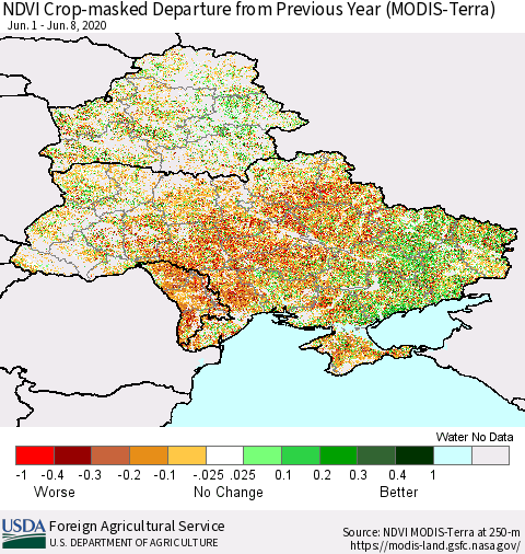 Ukraine, Moldova and Belarus Cropland NDVI Departure from Previous Year (Terra-MODIS) Thematic Map For 6/1/2020 - 6/10/2020